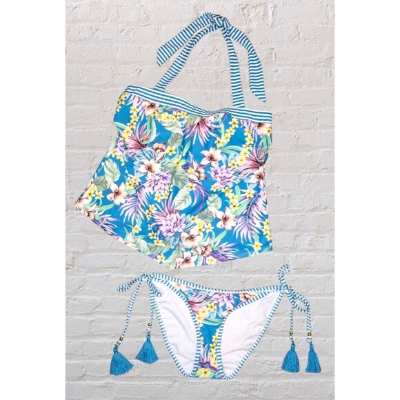 Venus Tankini 2pc Swimsuit Set Sz 10 Blue Tropical Halter Tie Side Bottom Beach - Picture 1 of 11